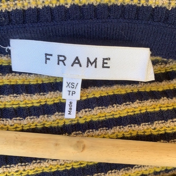 FRAME Off Shoulder Textured Wool Blend Sweater in Blue/Mustard Yellow - Picture 6 of 12